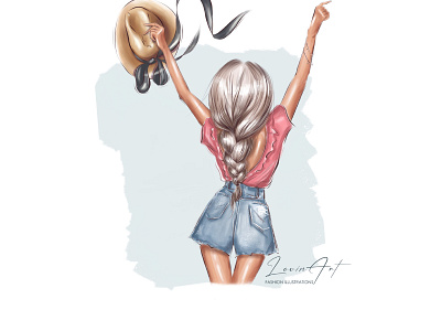 Summer illustration adventure beautiful girl design digital art digital painting fashion fashion style happy illustration ipad pro drawing lady with hat outfit procreate art rise up hands summer travel vacation woman