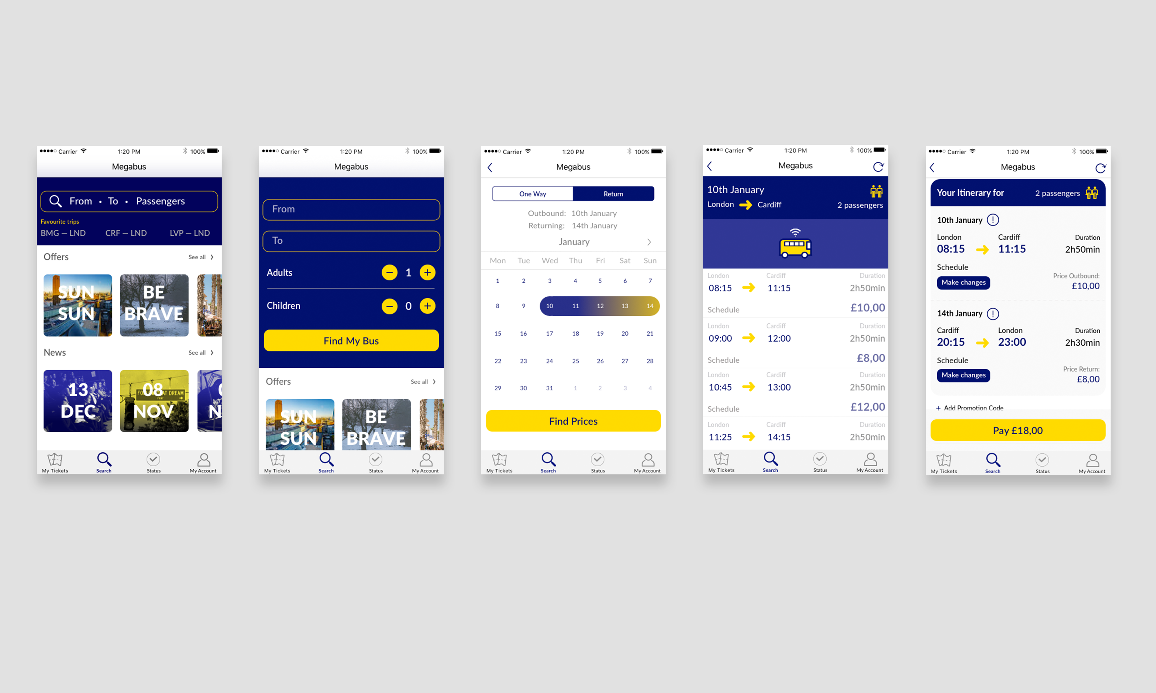 Screens Megabus Bus app by Silvia Sánchez on Dribbble