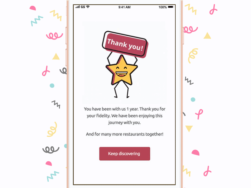 App Screen Congratulations after effects animation app confetti congratulations gif restaurant satisfaction thank you ui ux year