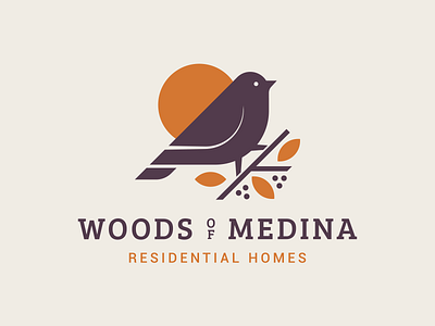 Wood of Medina Residential Homes berries bird branch branding design finch homes illustration leafs letter logo mark medina mn residential sun symbol typography woods