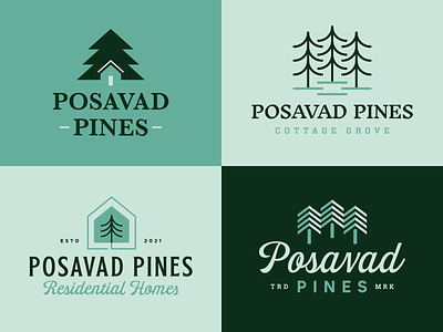 Posavad Pines Branding branding design homes house and tree icon letter logo mark mn neighborhood pine tree residential residential homes trees typography