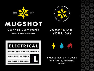 Mugshot Brand Elements coffee electric energy hydro icon label letter logo mark minneapolis mn packaging small batch roast symbol thermal type typography