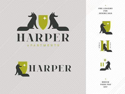 Harper Apartments Final Logo Family apartment apartments branding design family crest fox green h icon irish letter logo mark mn shield st. paul star symbol type typography