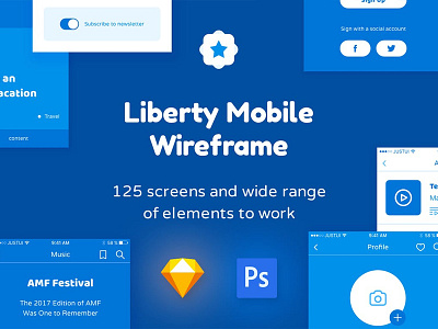 Liberty Mobile Wireframe Kit e commerce liberty login menu mobile multimedia news profile ui kit wireframe