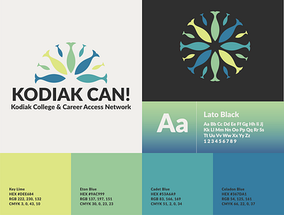 Kodiak CAN! - Logo & Visual Identity alaska blue branding college design education education branding fish logo gradient graphic design green green and blue illustration kodiak logo nonprofit nonprofit branding uni university visual identity