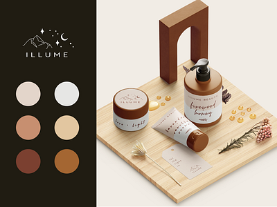 Illume Beauty - Beauty Product Packaging + Palette alaska alaskan beauty beauty brand beauty packaging bohemian boho branding color palette design earthy ethereal feminine graphic design logo natural nature packaging product product packaging