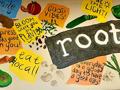 root 11 produce mural collage art creative community creative inspiration design designing fruit and veggies illustration local art mural mural art mural artist mural painting muralist painted mural produce art small business support local vegan