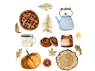 Autumn vibe autumn cinnamon cozy hygge illustration leaves set watercolor