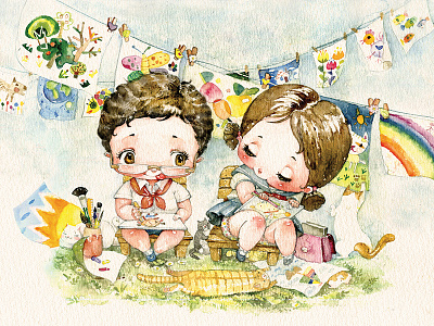 August august chibi children colorful painting watercolor