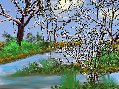 River Side With Oak Tree blue water digital painting nature painting river river side