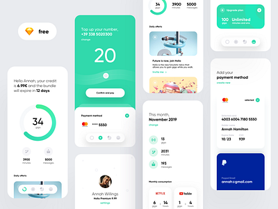 Holio Telco App (Free Sketch) app bank card color concept creative dashboard design dribbble flat free freebie ios kit material sketch telco top up ui ux