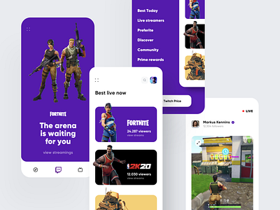 Twitch Redesign App app cards color creative dashboard design flat game gaming illustration ios minimal redesign ui ux