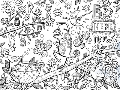 BE HERE NOW animals black and white cute animals design doodle graphic design humor illustration