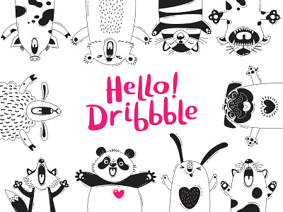 Hello Dribbble animals animals for kids black and white cute animals design doodle graphic design humor illustration line art logo
