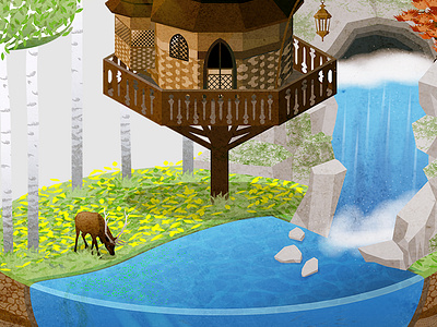 Website redesign! A mini world 3d animation elk forest handdrawn house illustration isometric miniature nature water waterfall