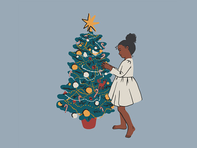 Girl and Christmass tree african american black blu christmass tree christmassxmass cute design girl holiday illustration procreate vector vectordesign