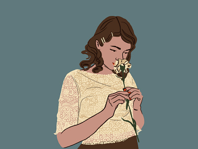 Retro illustration with cute girl and flower