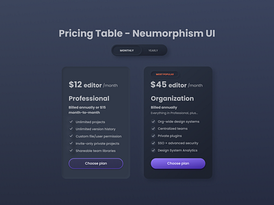 Neumorphism UI style exploration for the pricing plan clean components dark ui design elements interface light ui neumorphic neumorphic design neumorphism neumorphism ui price table pricing page pricing plan pricing table ui userinterface ux web website