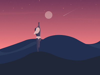 Waiting for you! 😋 evening girl hills illustration illustrator landscape moon nature night scenery