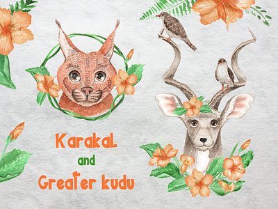 Karakal and greater kudu africa african animals animal portrait animal portraits animals baby cute cute animal cute animals greater kudu hand drawn illustration karakal kids painting subtropical tropical watercolor watercolor flowers