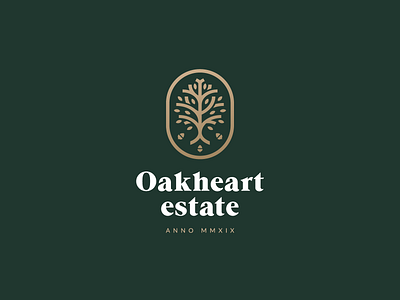 Oakheart Estate acorn branches branding geometric gold green housing leaves logo mark minimal oak oak tree tree
