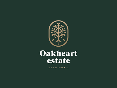 Oakheart Estate acorn branches branding geometric gold green housing leaves logo mark minimal oak oak tree tree