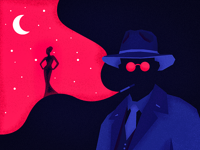 Noir crime detective girl glasses hat illustration lady man moon mystery night noir smoke stars suit woman