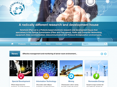 Netshield Home page version 1 blue green icons mining modern orange red renewable energy teal technology website