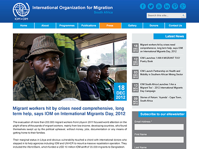 IOM Secondary Page blog blue clean flat grey icons news non profit orange simple social website