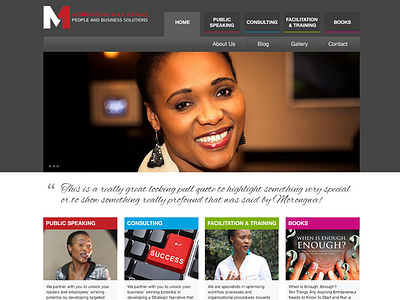 Morongwa Homepage black blue green motivational speaker pink red slider website