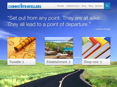 Choosy Travellers Homepage clean floating homepage road simple travel website