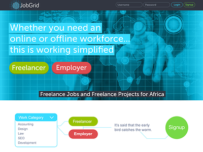 JobGrid Hompage blue employer emplyment freelancer green grey homepage innovation job red technology website