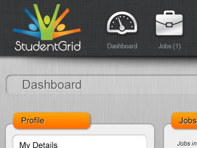 StudentGrid - New Dashboard Header app charcoal dashboard grey icons linen metail orange silver texture ui website