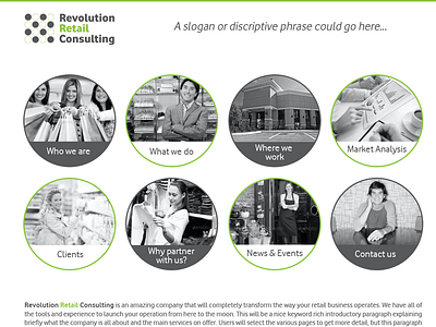 Revolution Retail Consulting Homepage charcoal circles desaturated green grey greyscale homepage lime photos webpage