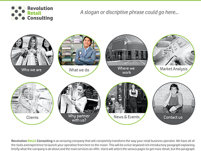 Revolution Retail Consulting Homepage - Hover charcoal circles desaturated green grey greyscale homepage hover lime photos webpage