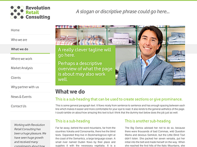 Revolution Retail Consulting Secondary Page charcoal green grey lime photos retail webpage website