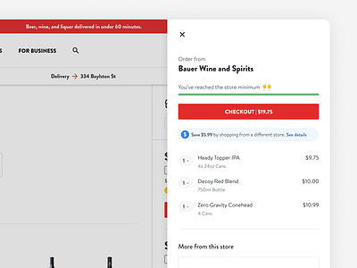 Cart Drawer and Checkout alcohol cart cart drawer checkout checkout drawer design desktop drawer drizly e commerce ecomm ecommerce marketplace minimal minimalist product design red ui ux web