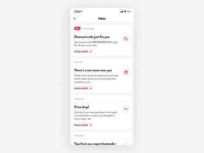 App Inbox at Drizly app inbox delivery design drizly e comm e commerce ecommerce inbox ios marketplace message center minimal minimalist notifications red red and white ui ux