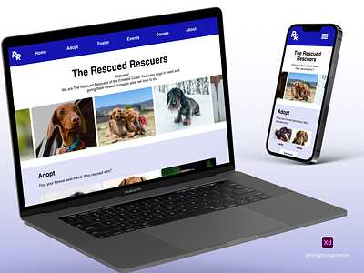 The Rescued Rescuers: homepage view across 2 devices adobe adobe xd branding dachshund design dog rescue dog rescue app graphic design high fidelity prototype interactive prototype logo ui user experience design ux ux design xd