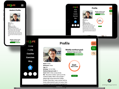 Fit4Life: Profile view across 3 devices branding coaching app coaching website design figma graphic design high fidelity prototype interactive interactive prototype logo prototype ui user experience user experience design ux ux design visual design