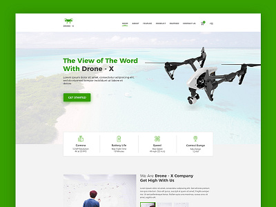 Drone X camera clean control drone envato fly green landing page modern themeforest website