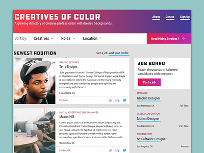Creatives Of Color Redesign diversity gradients job board web webdesign