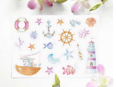 Watercolor stickers "Sea voyage" design hand drawn illustration lighthouse sea stickers summer watercolor