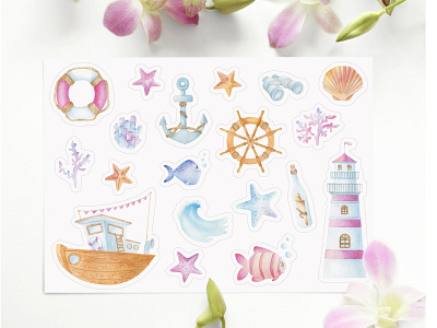 Watercolor stickers "Sea voyage"