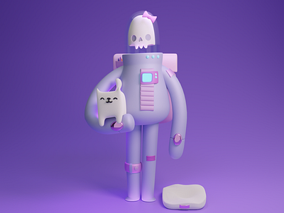 Space Skull & Kitty 3d 3d illustration blender blender 3d cat cosmic cosmic robot design female high poly illustration kitty robot robot female skeleton skull space space robot space skull