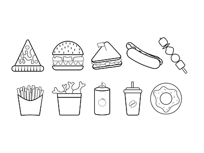 Fast Food Icons adobe illustrator cheeseburger collection fast food food icons fried potatoes graphic design hamburger hot dog illustration line linear outline pizza sandwich set signs vector icons