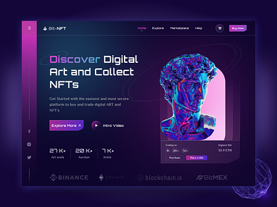 Bit - NFT Marketplace Website Hero Header art crypto dark dark mode digital header hero hero section landing landing page landingpage landingpages marketplace nft nfts ui ux web web design website