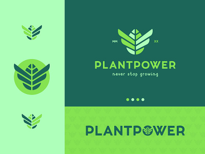 Plantpower branding green identity leaf leafs logo mark plant plantpower plants power symbol wings