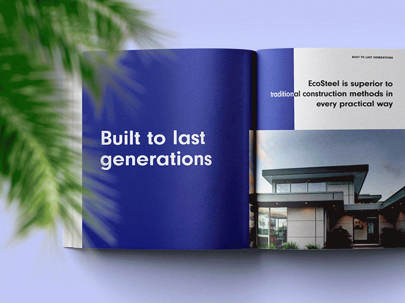EcoSteel Product Catalog blue book brochure catalog corporate editorial graphic layout minimal mistyukevych product catalog