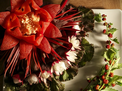 Food Carving - Paprika Flower berries carving flower food leaves paprika presentation radish salad vegetables